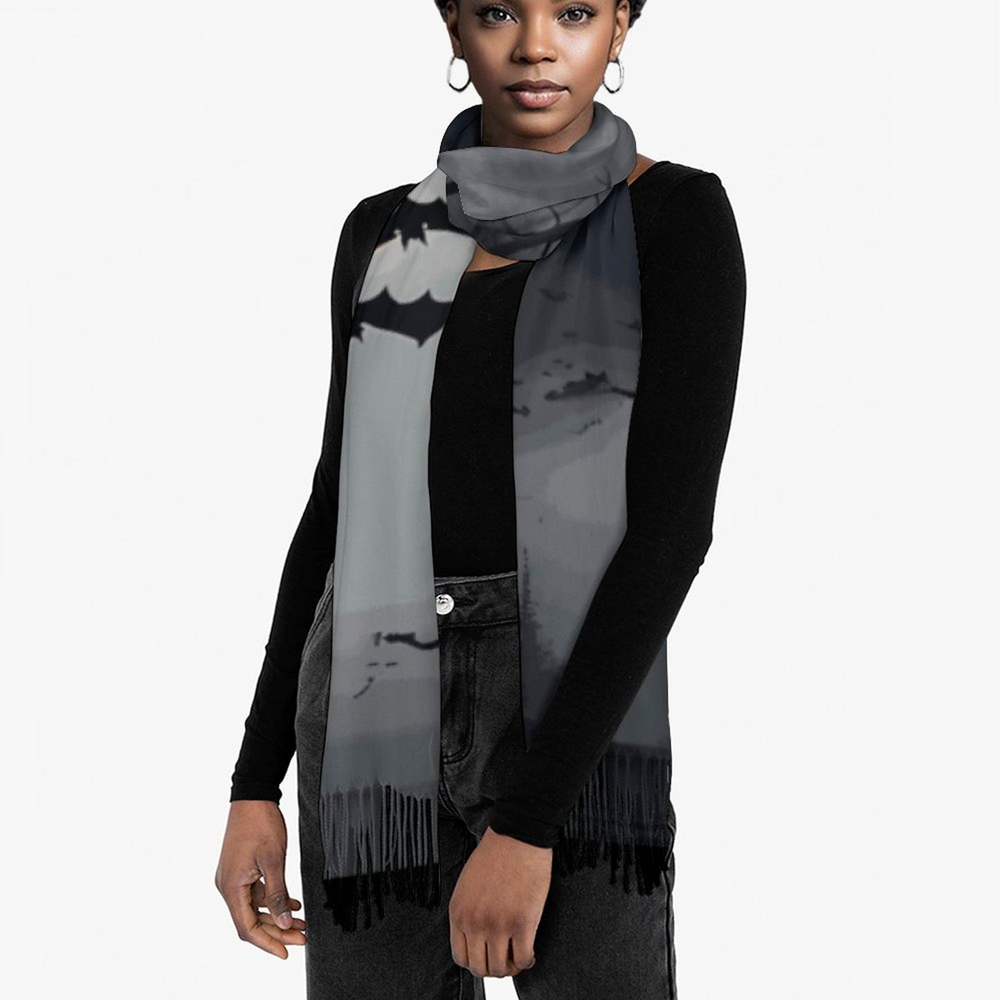 Cloud of Bats in Full Moon Cashmere-like Tassel Scarf (All-Over Printing)