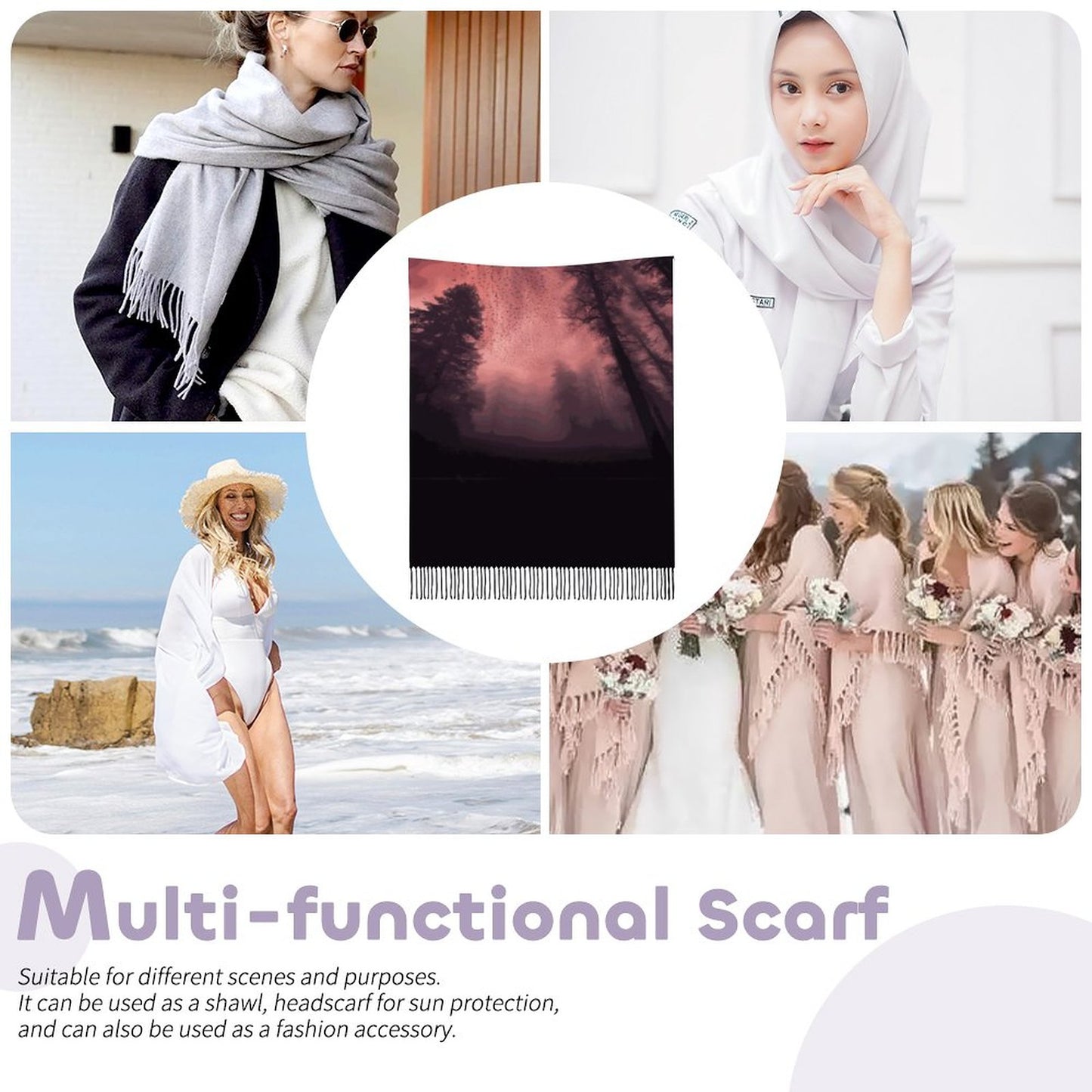 Cloud of Bats in Mystical Forest Cashmere-like Tassel Scarf (All-Over Printing)