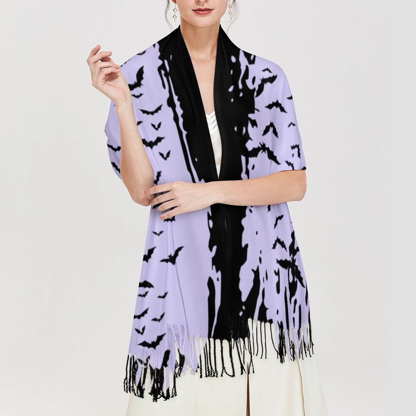 Cloud of Bats in Lavender Cashmere-like Tassel Scarf (All-Over Printing)