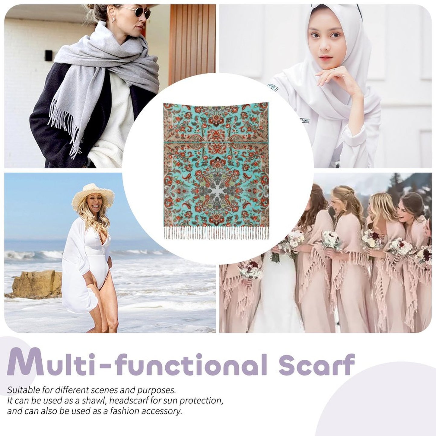 Turquoise in Paisley Cashmere-like Tassel Scarf (All-Over Printing)