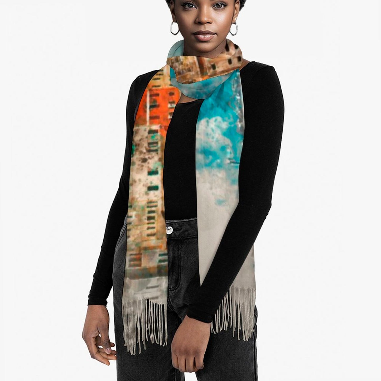 Riveria Sescape Cashmere-like Tassel Scarf (All-Over Printing)