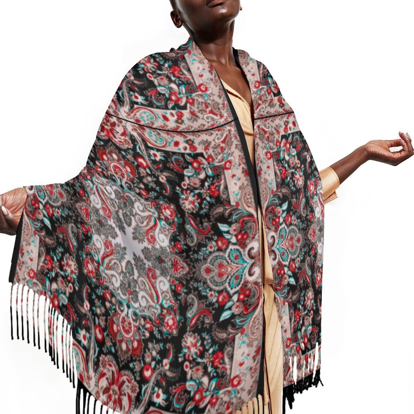 Paisley in Black Cashmere-like Tassel Scarf (All-Over Printing)