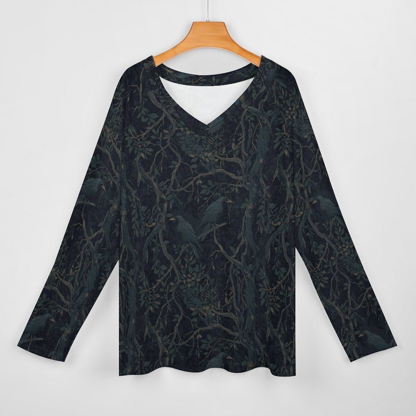 Crow V-neck Loose Long Sleeve T-shirt(All-Over Printing)