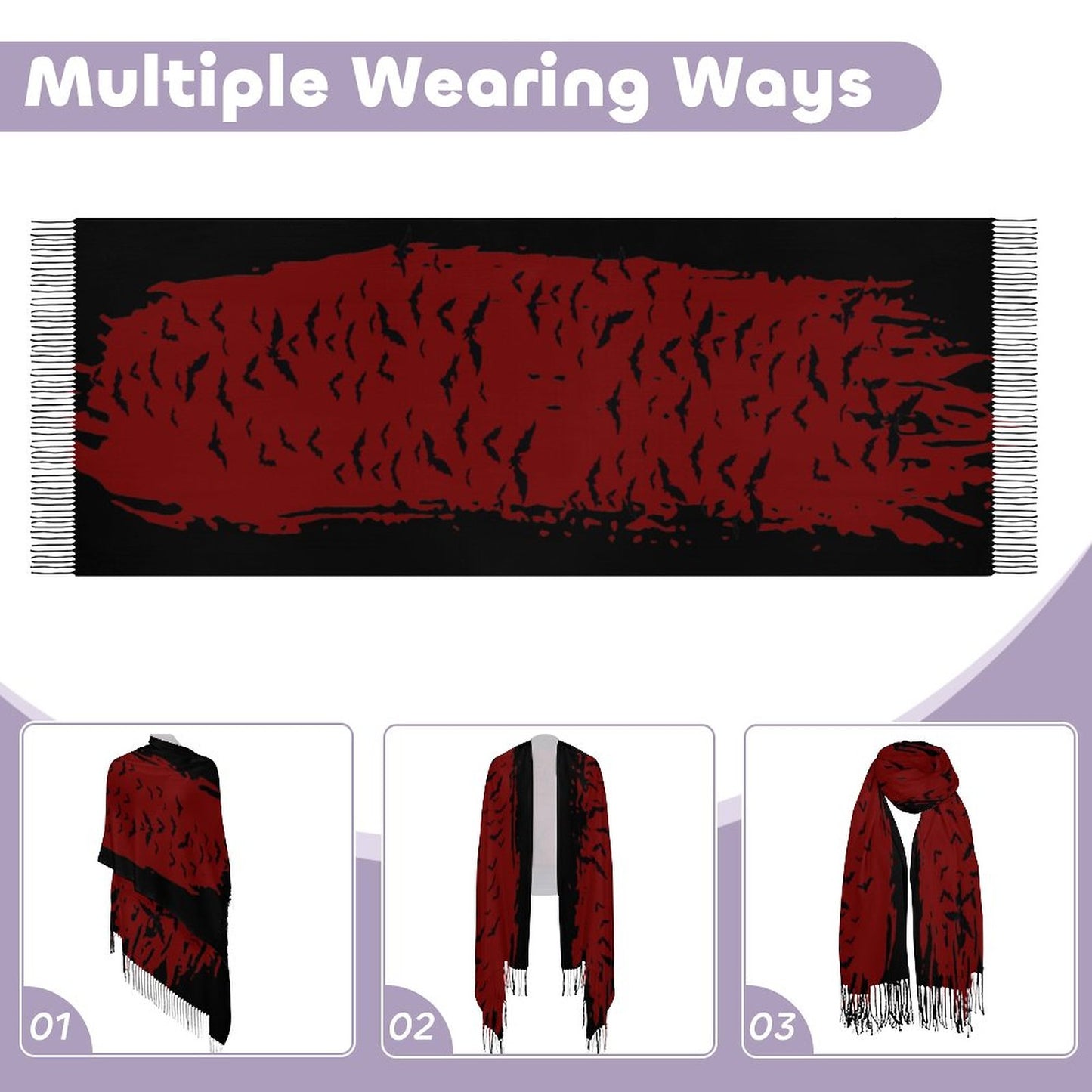 Cloud of Bats Oxblood Cashmere-like Tassel Scarf (All-Over Printing)