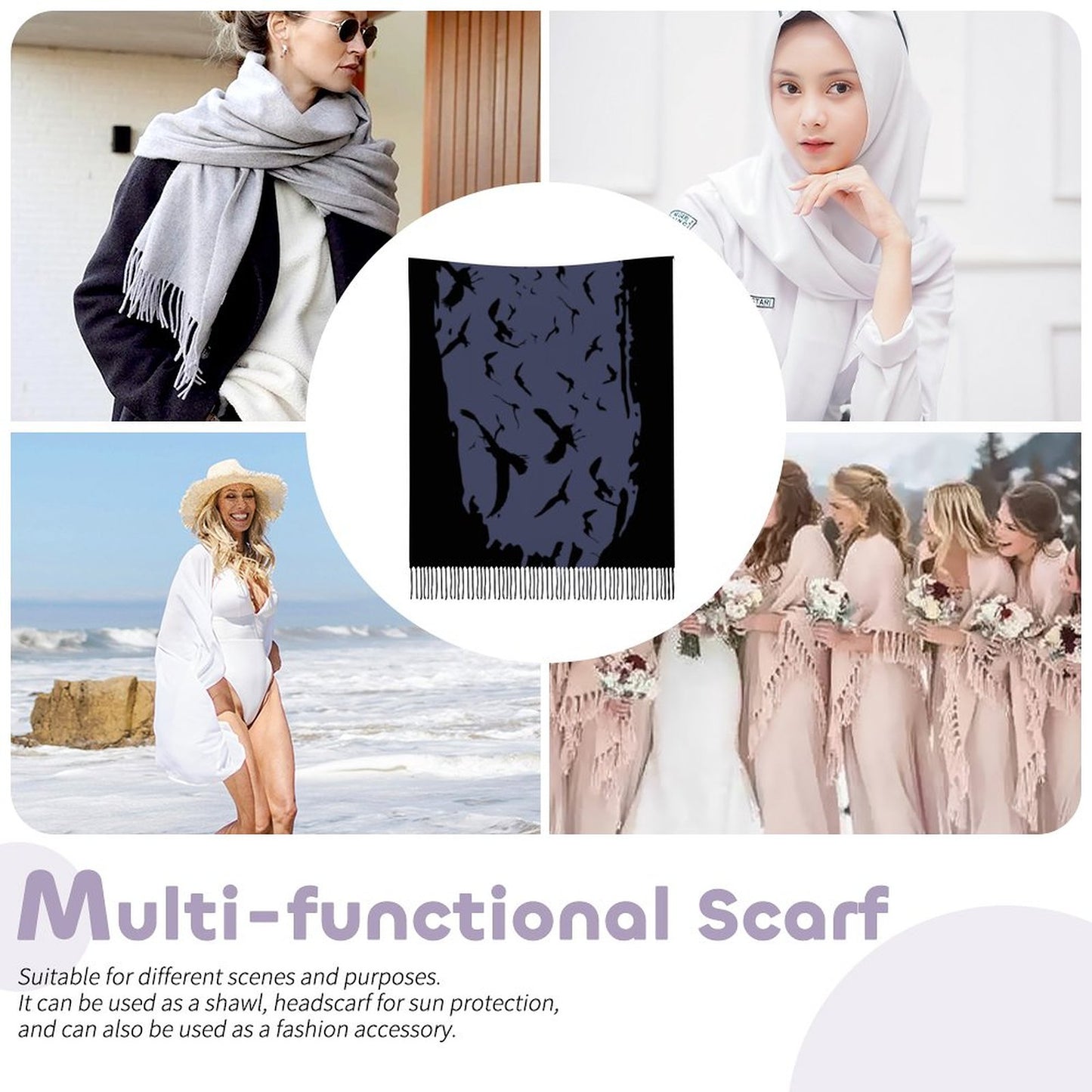 Crown Blue Cashmere-like Tassel Scarf (All-Over Printing)