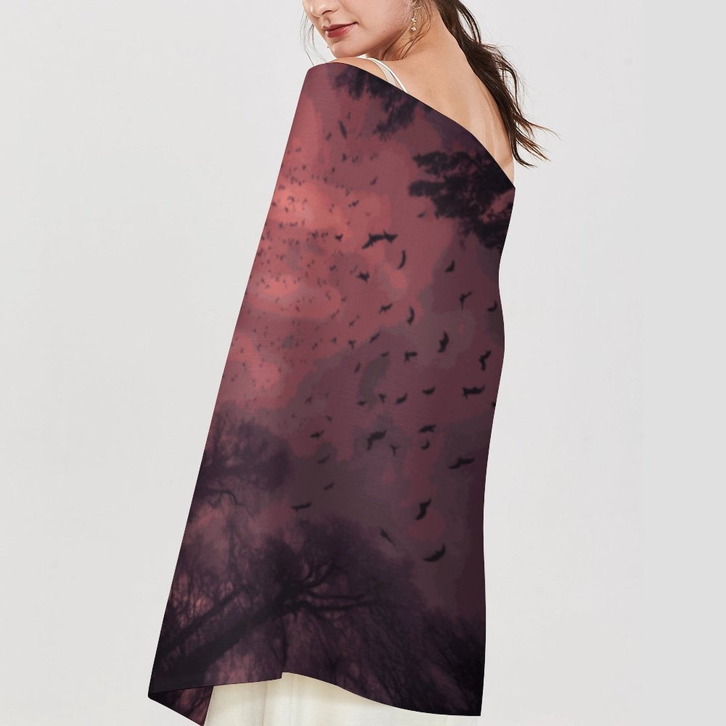 Cloud of Bats in Mystical Forest Cashmere-like Tassel Scarf (All-Over Printing)