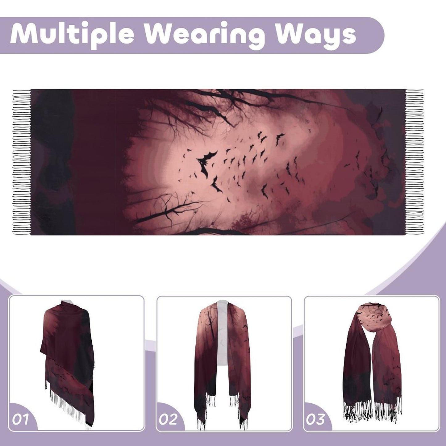 Cloud of Bats in Oxblood Forest Cashmere-like Tassel Scarf (All-Over Printing)