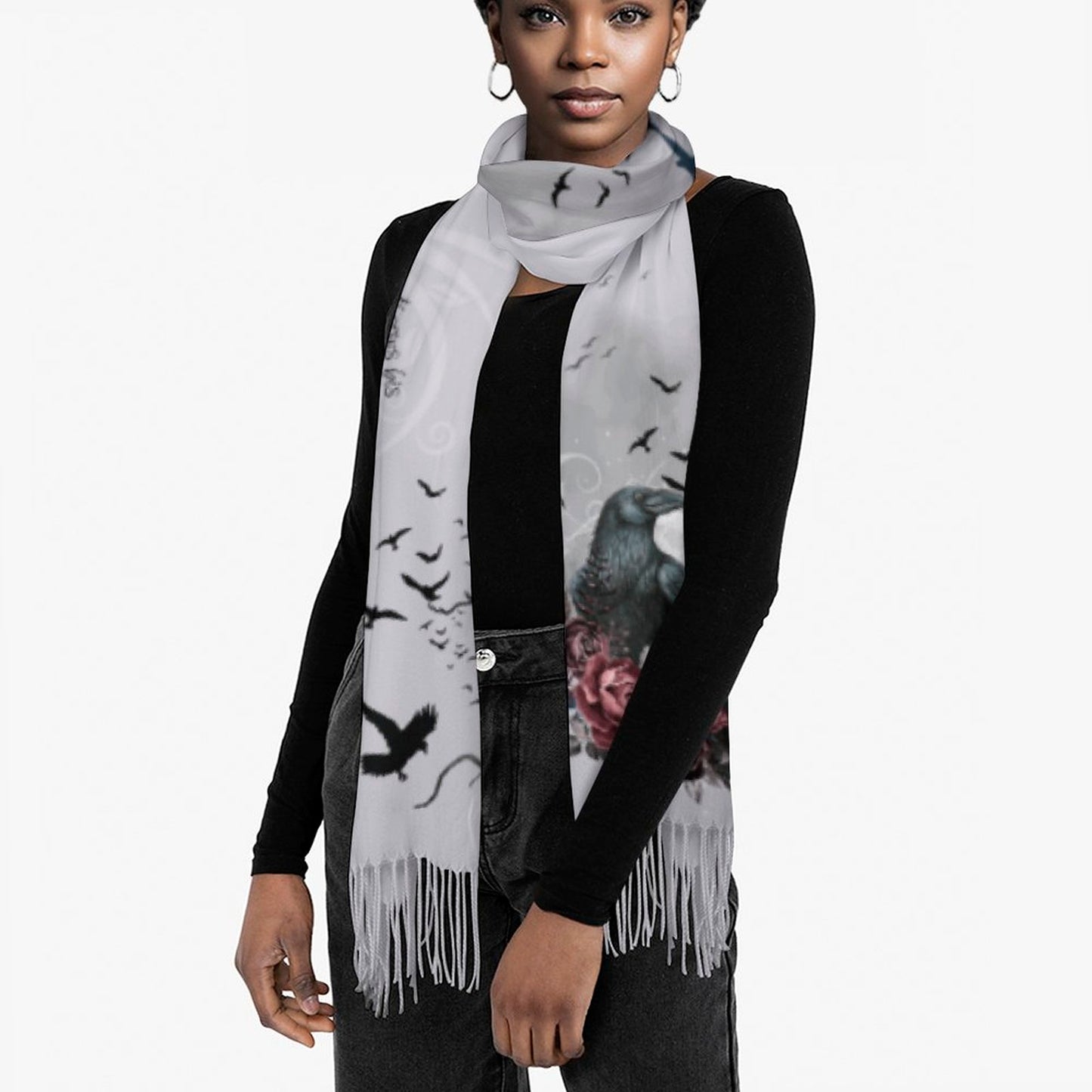 The Raven Poem Cashmere-like Tassel Scarf (All-Over Printing)