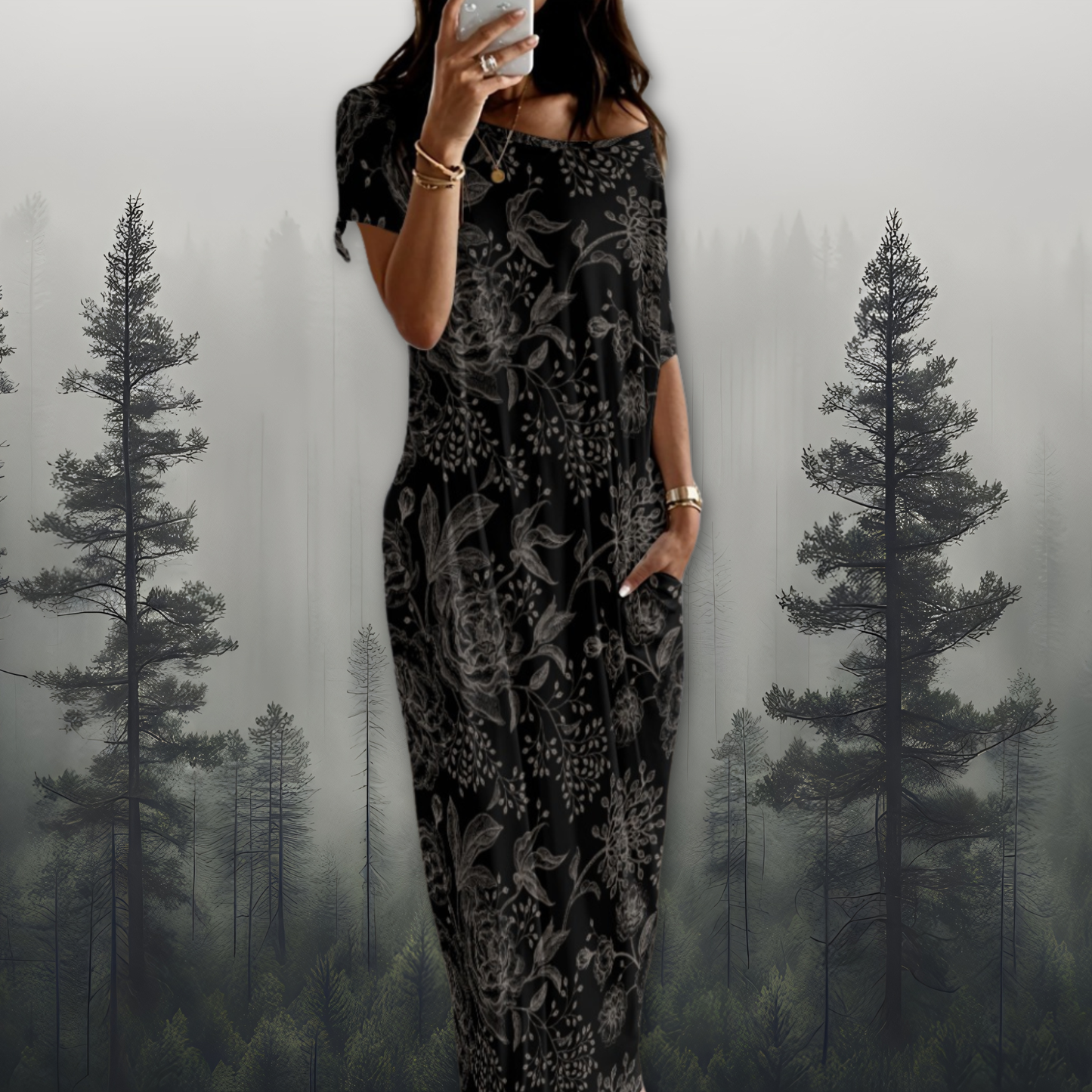 Brown Floral Long Dress With Pocket, Dark Academia Clothing
