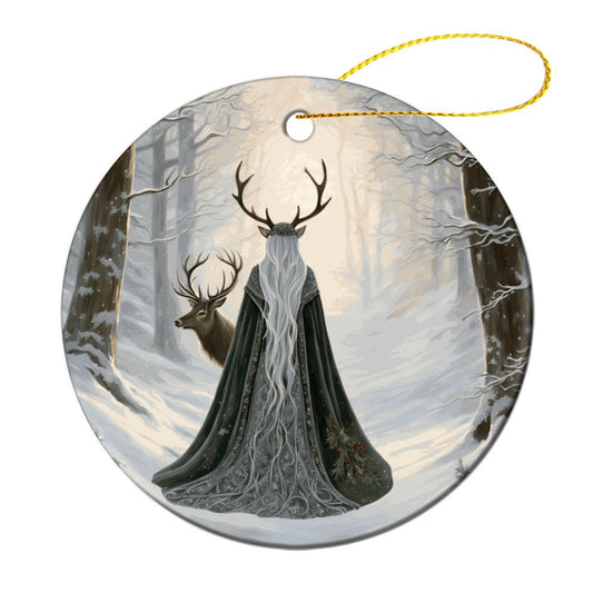 Winter Yule Witch Round Christmas Ceramic Ornament