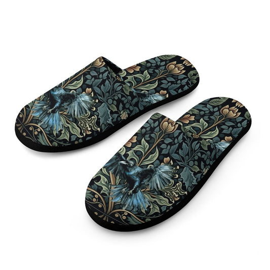 Crow in Green Flannel Ladies Cotton Slippers