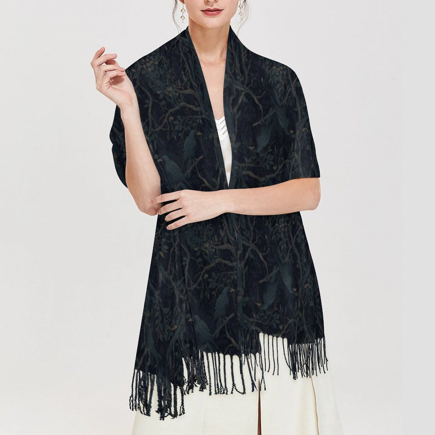 Deep Color New Crow Cashmere-like Tassel Scarf (All-Over Printing)