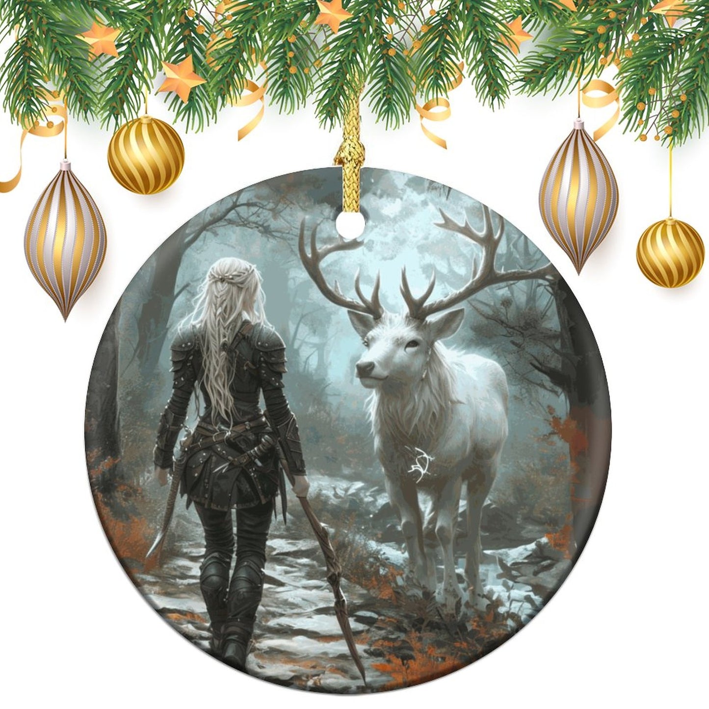 Aelin and Stag Mystical Forest Round Christmas Ceramic Ornament