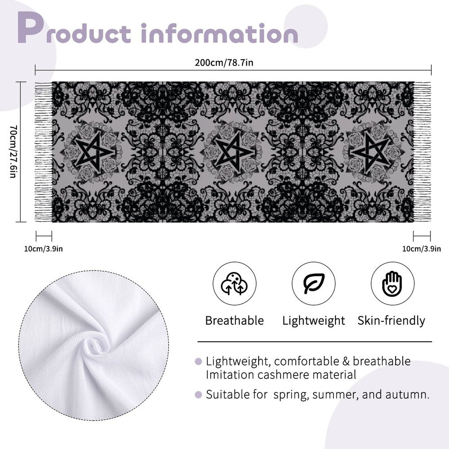 Black Lace Pentagram Tassel Scarf (All-Over Printing)