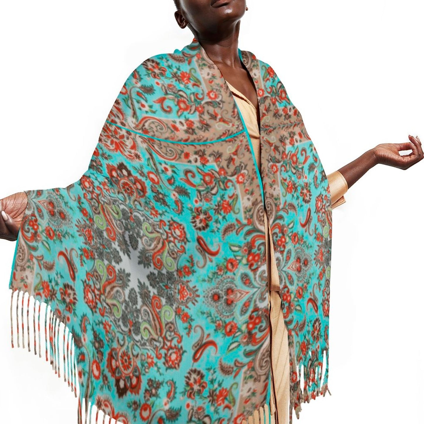 Turquoise in Paisley Cashmere-like Tassel Scarf (All-Over Printing)