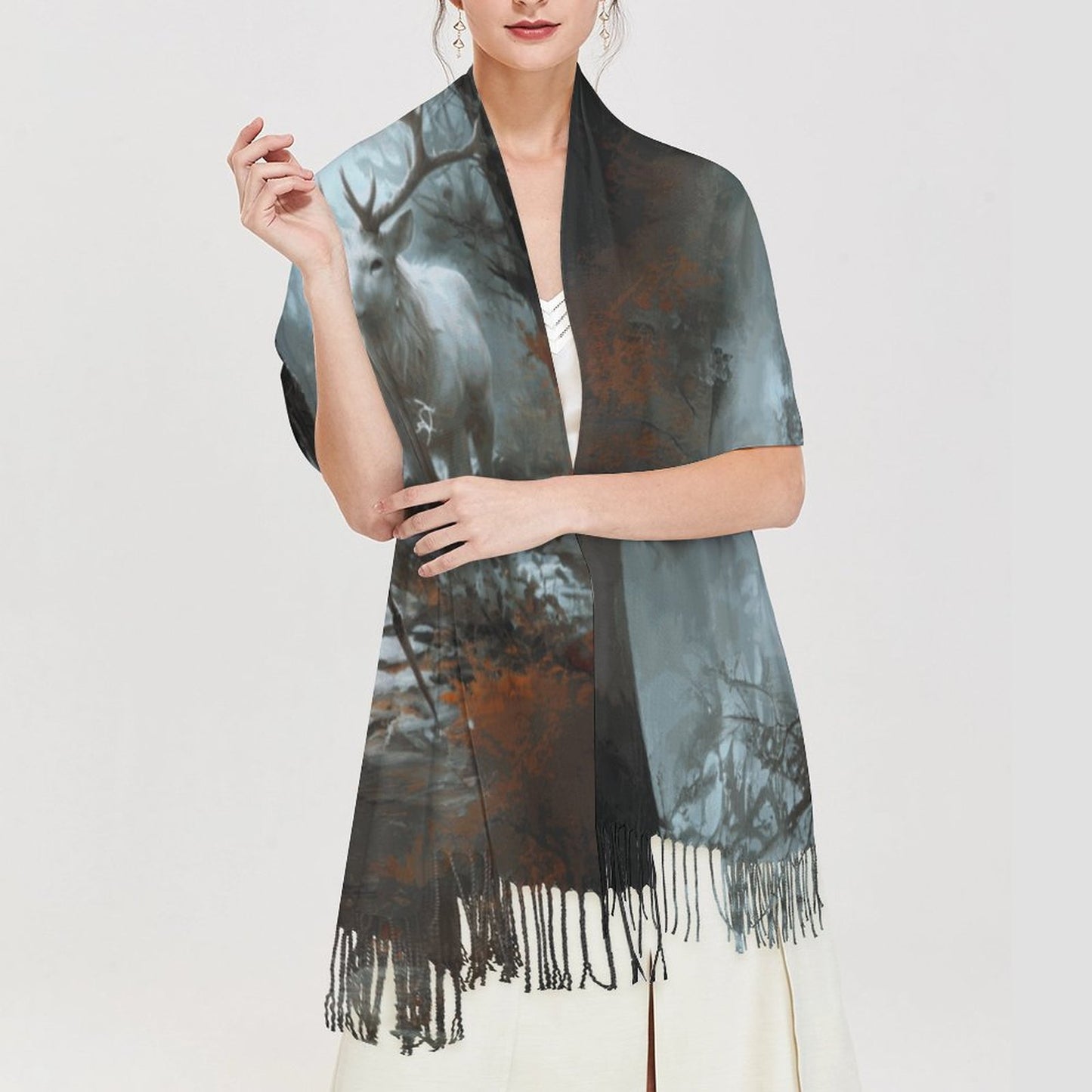 Aelin and Stag Fantasy Cashmere-like Tassel Scarf (All-Over Printing)