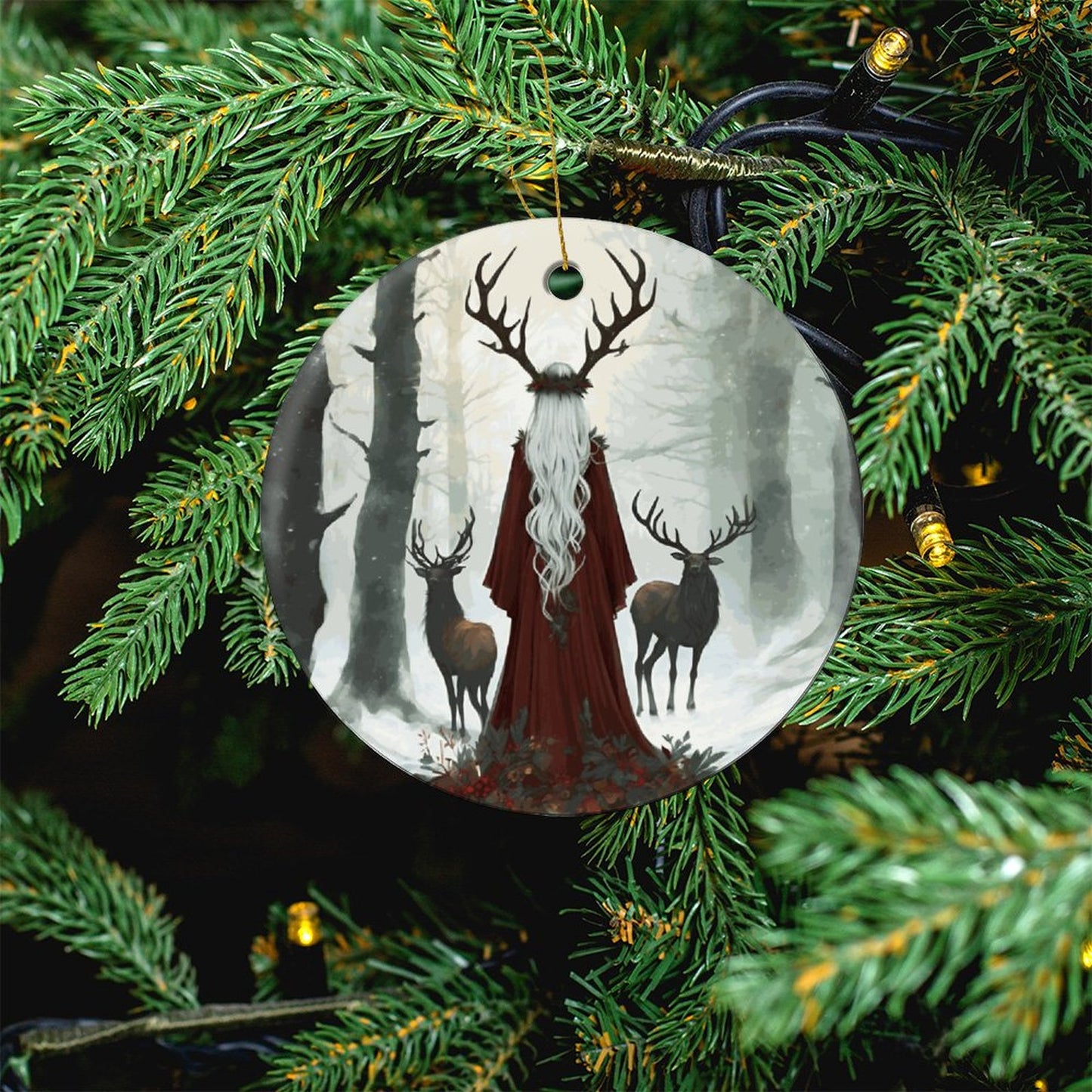 Winter Yule Forest Round Christmas Ceramic Ornament