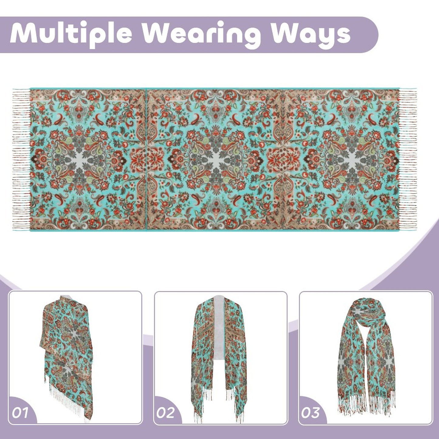 Turquoise in Paisley Cashmere-like Tassel Scarf (All-Over Printing)
