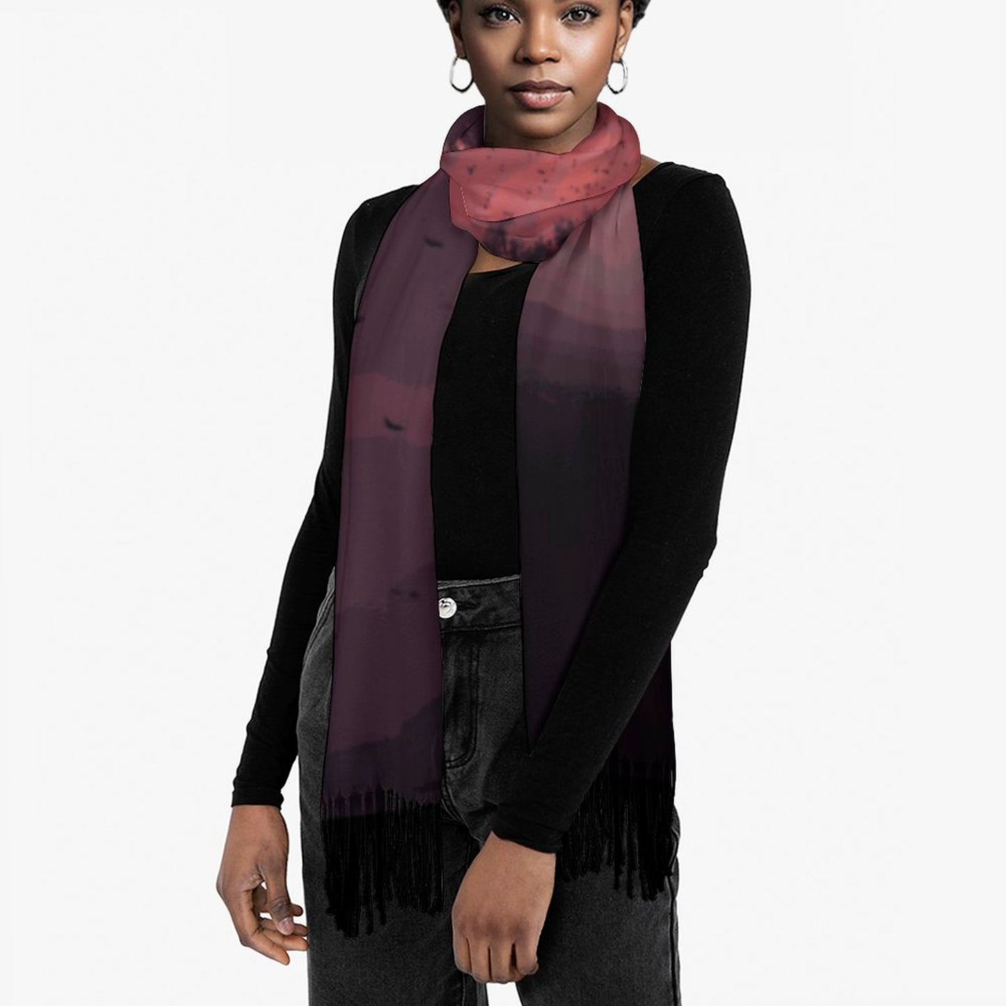 Cloud of Bats in Mystical Forest Cashmere-like Tassel Scarf (All-Over Printing)