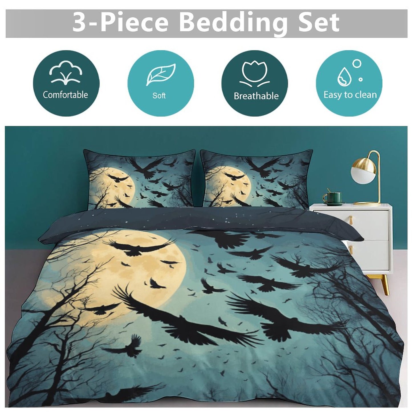 Full Moon Crows 3-Piece Bedding Set-90"x90"/ 229x229cm (Dual-sided Printing)