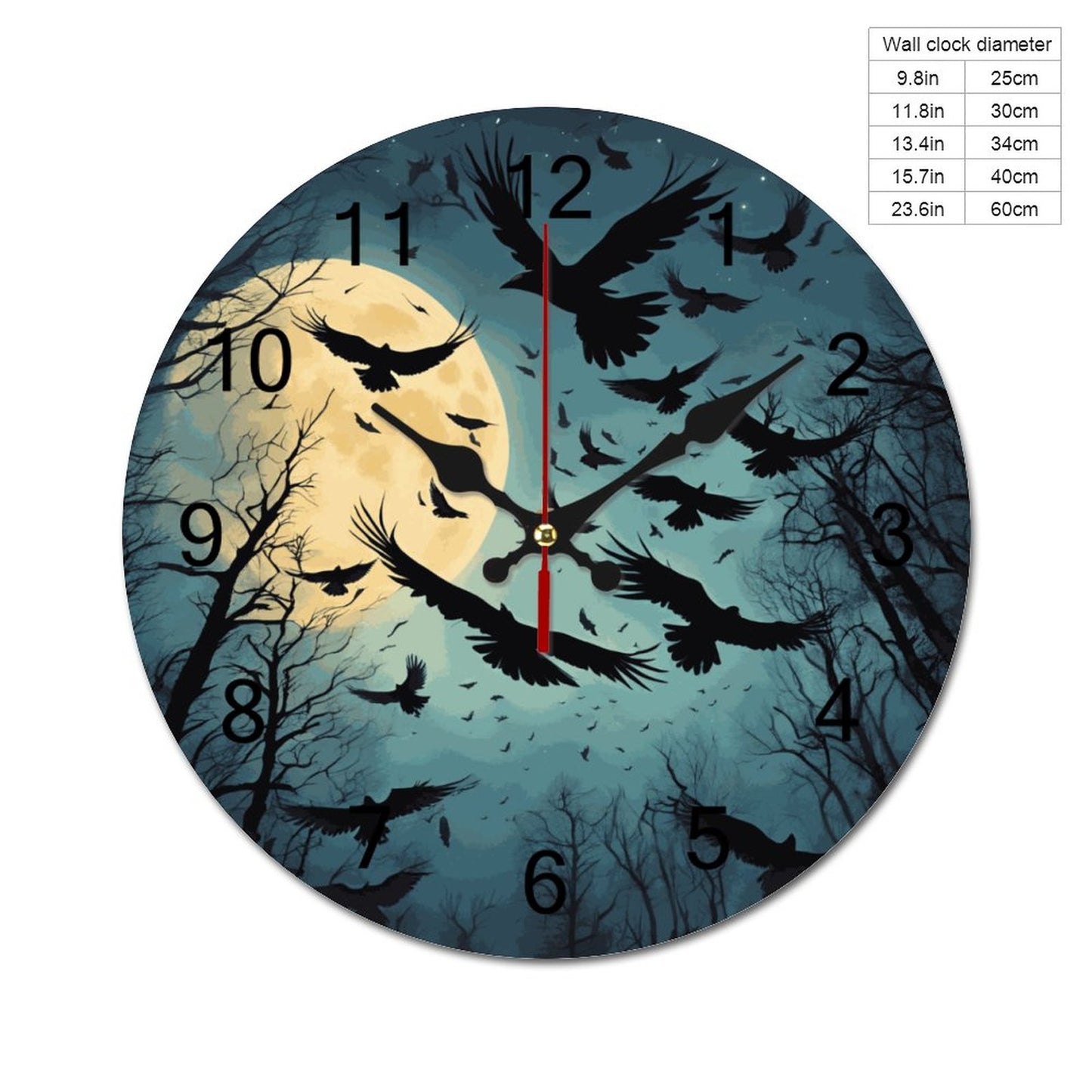 Full Moon Murder of Crows Concise Silent Wooden Wall Clock-9.84"x9.84"/ 25x25cm