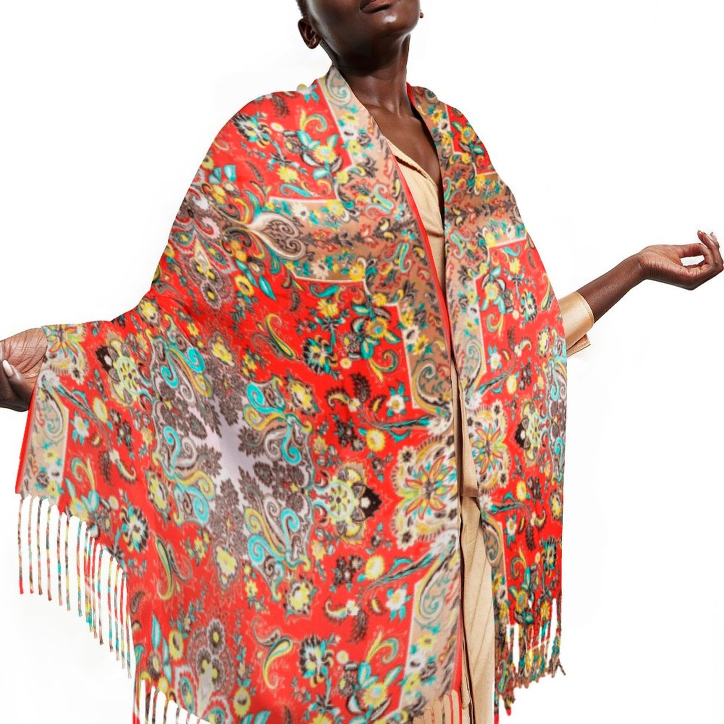 Paissley in Red Cashmere-like Tassel Scarf (All-Over Printing)