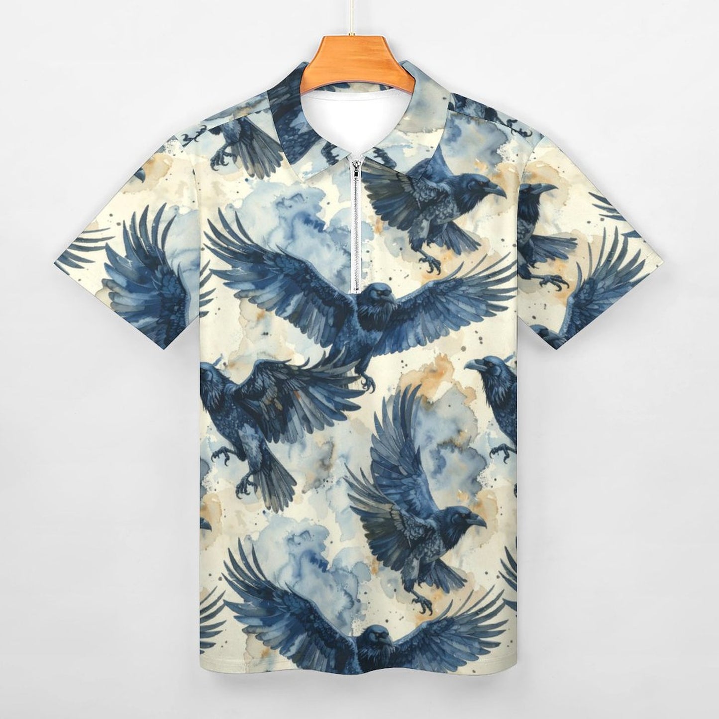 Crows in Flight Men's Short Sleeve POLO Shirt with Zipper - Gothic Clothing