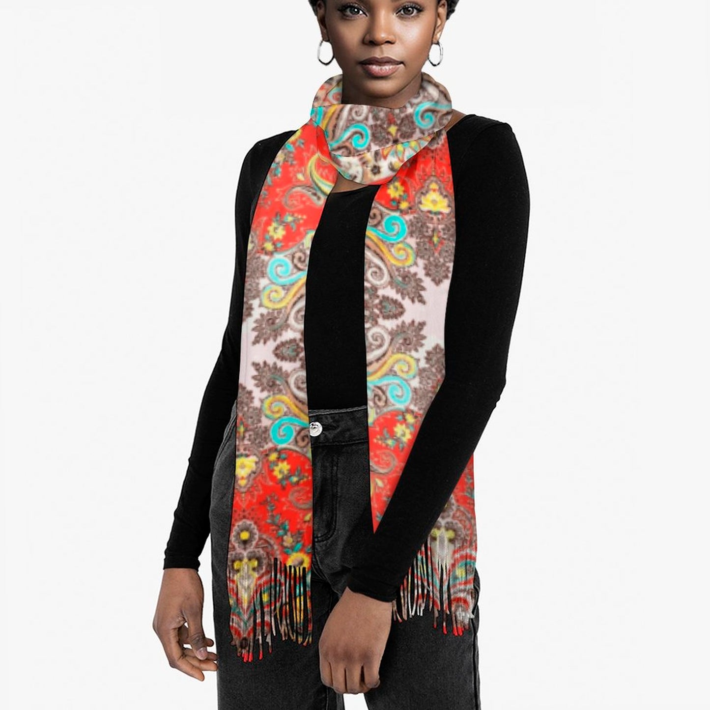 Paissley in Red Cashmere-like Tassel Scarf (All-Over Printing)