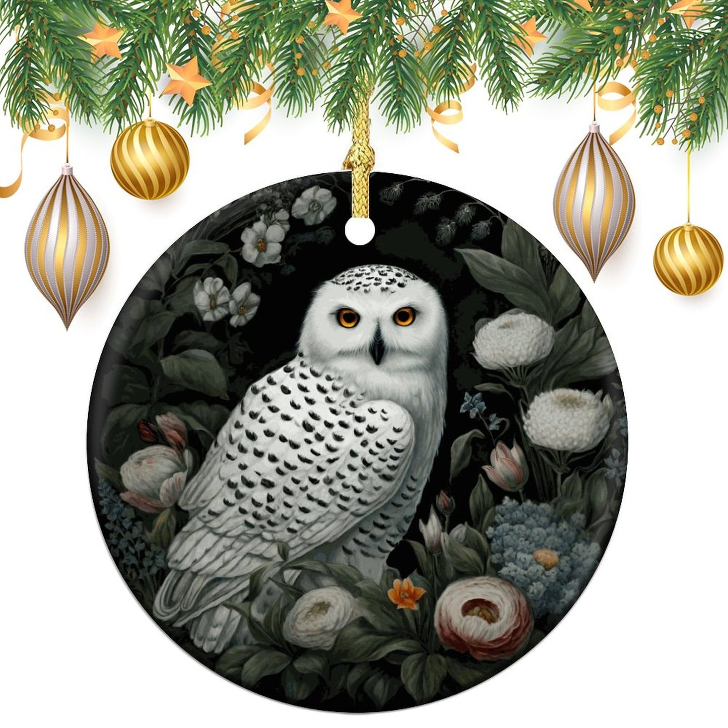 Winter Owl Round Christmas Ceramic Ornament