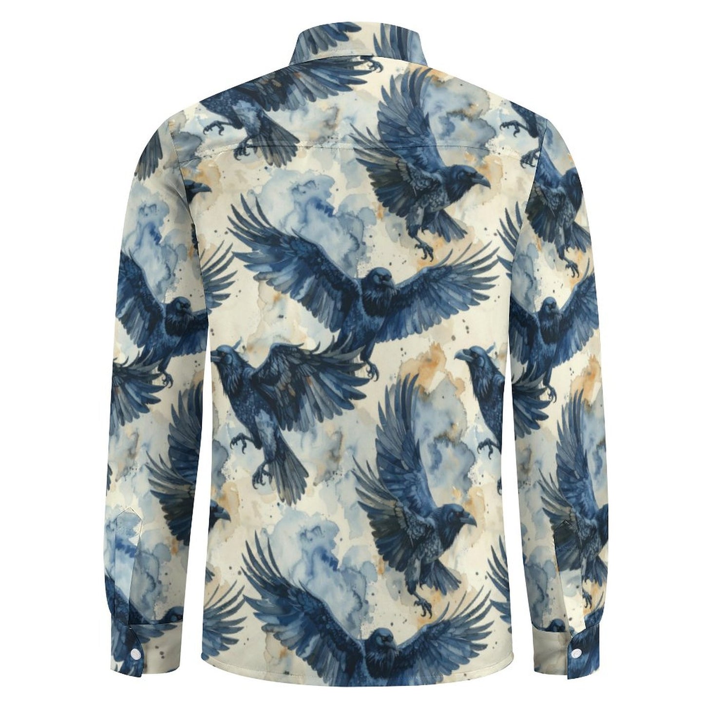 Crow's in Flight Faux Linen Men Long Sleeve Shirt with Pocket - Gothic Clothing