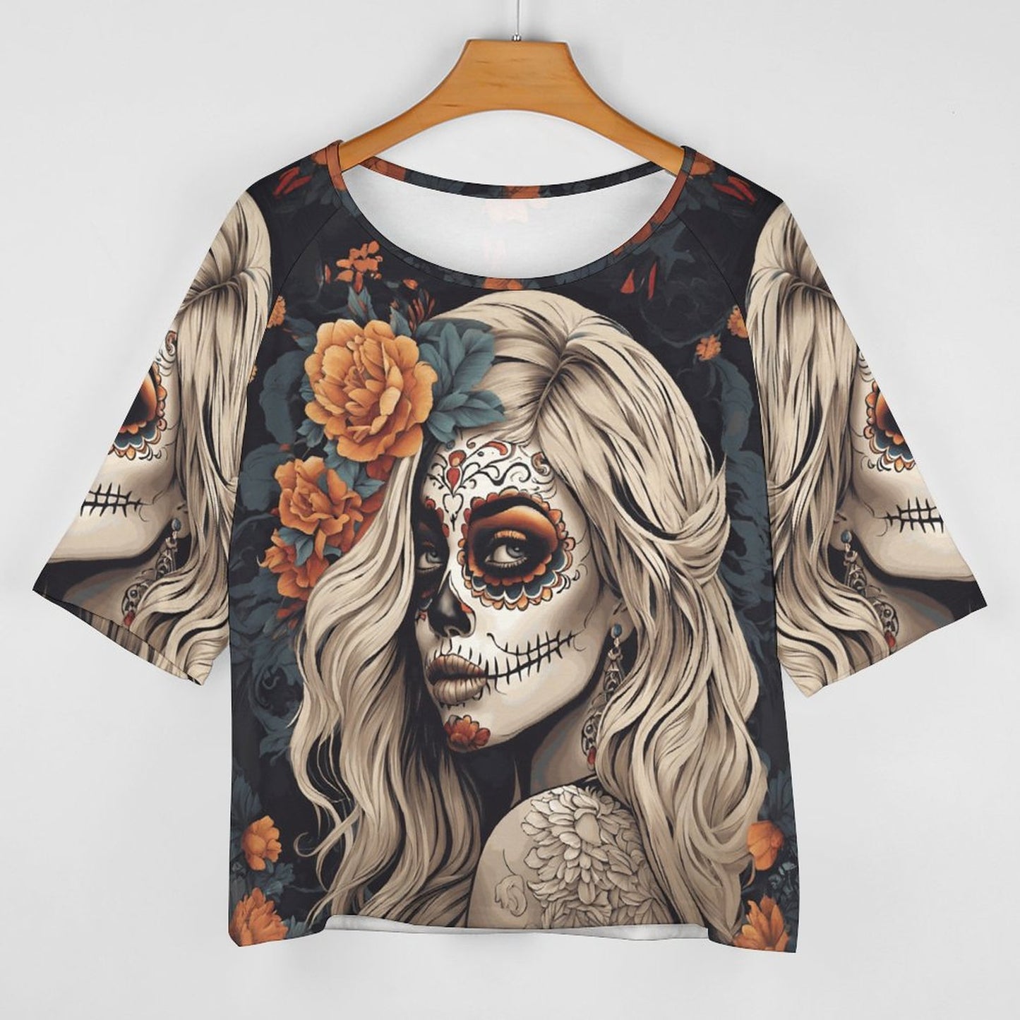 Day of the Dead Blond 180gsm Women’s Off the Shoulder Half-Sleeve T-shirt BAT (All-Over Printing)