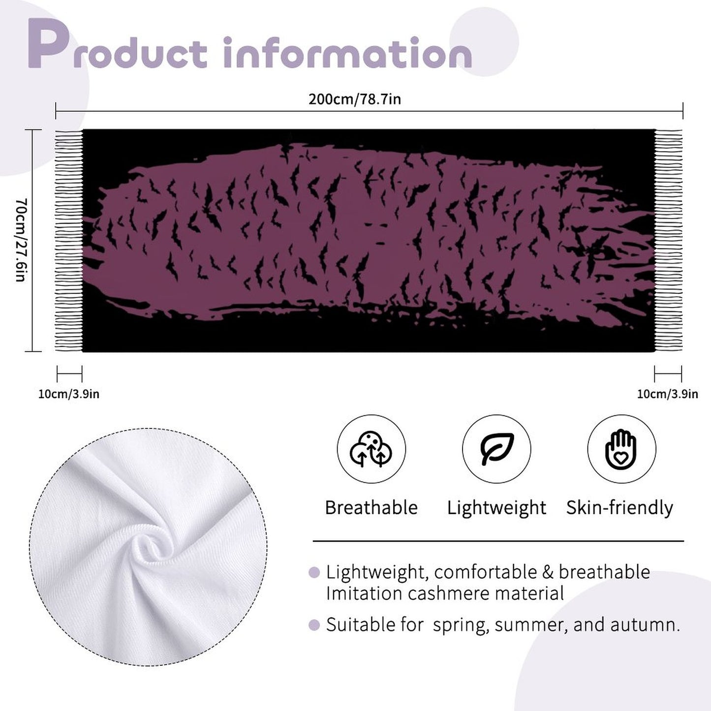 Cloud of Bats in Mauve Cashmere-like Tassel Scarf (All-Over Printing)