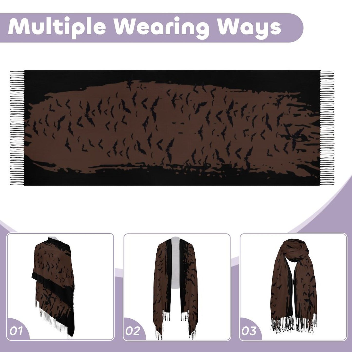 Cloud of Bats in Chocolate Cashmere-like Tassel Scarf (All-Over Printing)