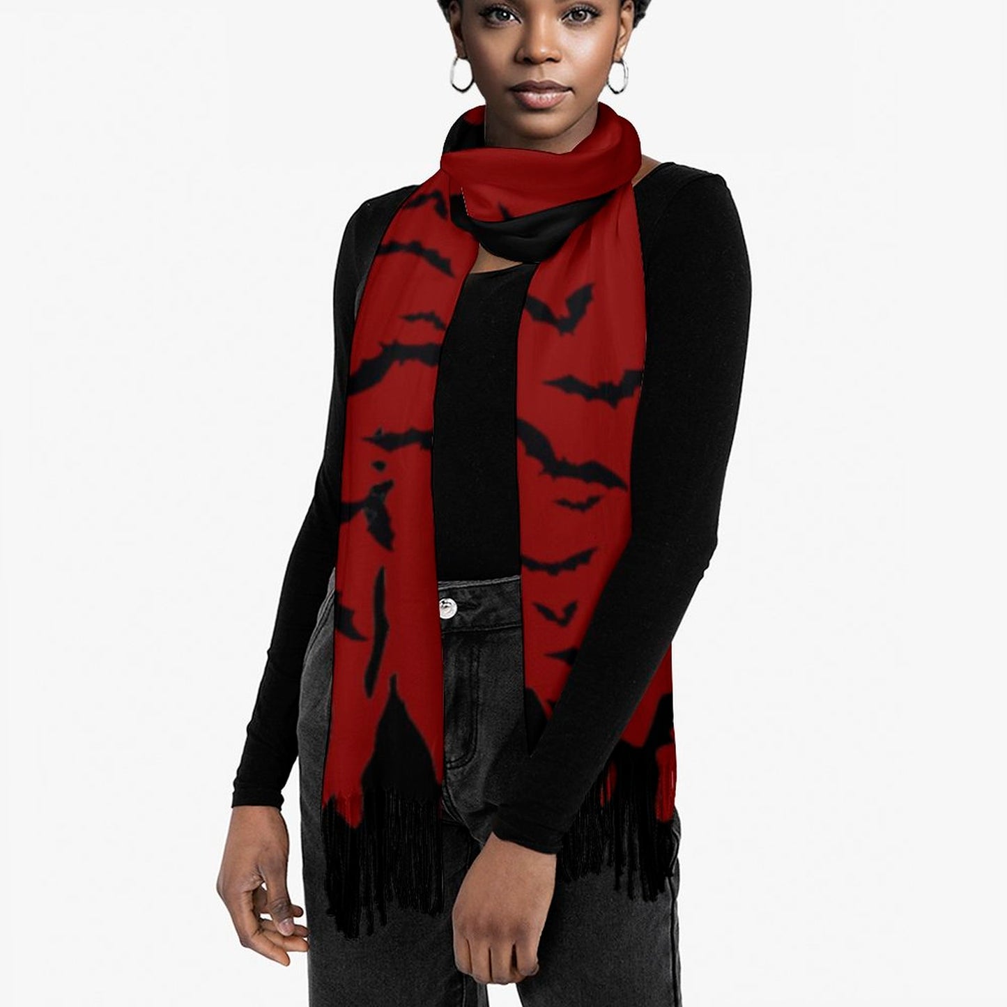 Cloud of Bats Oxblood Cashmere-like Tassel Scarf (All-Over Printing)