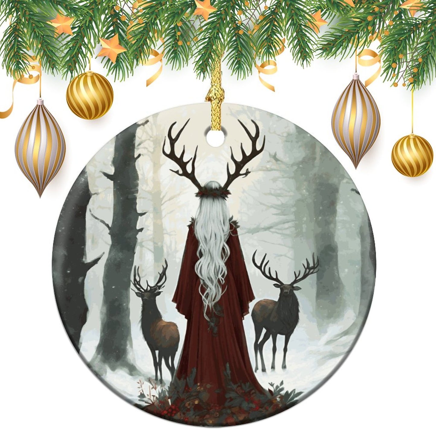 Winter Yule Forest Round Christmas Ceramic Ornament