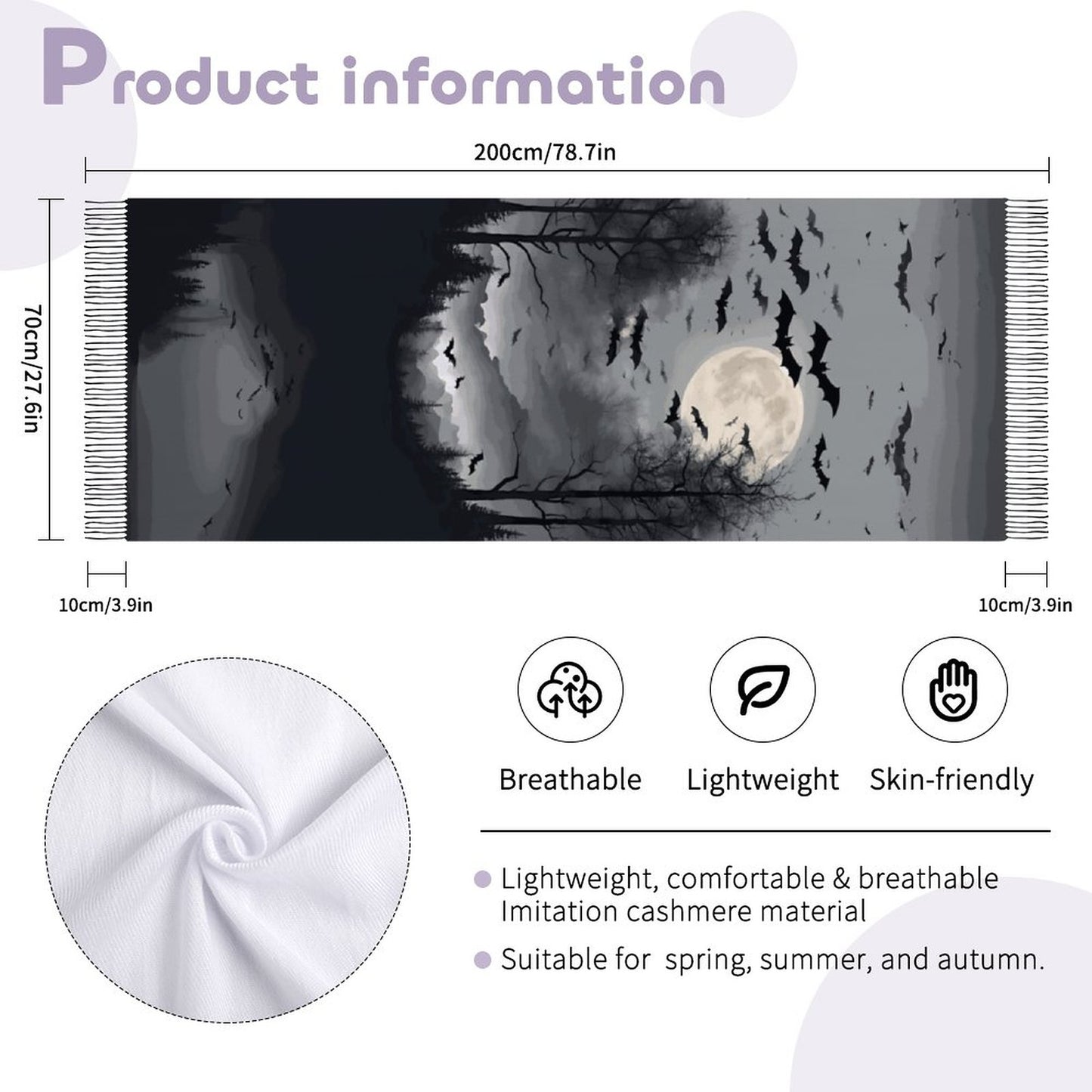 Cloud of Bats in Full Moon Cashmere-like Tassel Scarf (All-Over Printing)