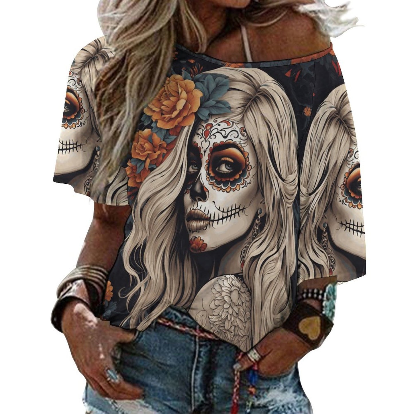 Day of the Dead Blond 180gsm Women’s Off the Shoulder Half-Sleeve T-shirt BAT (All-Over Printing)