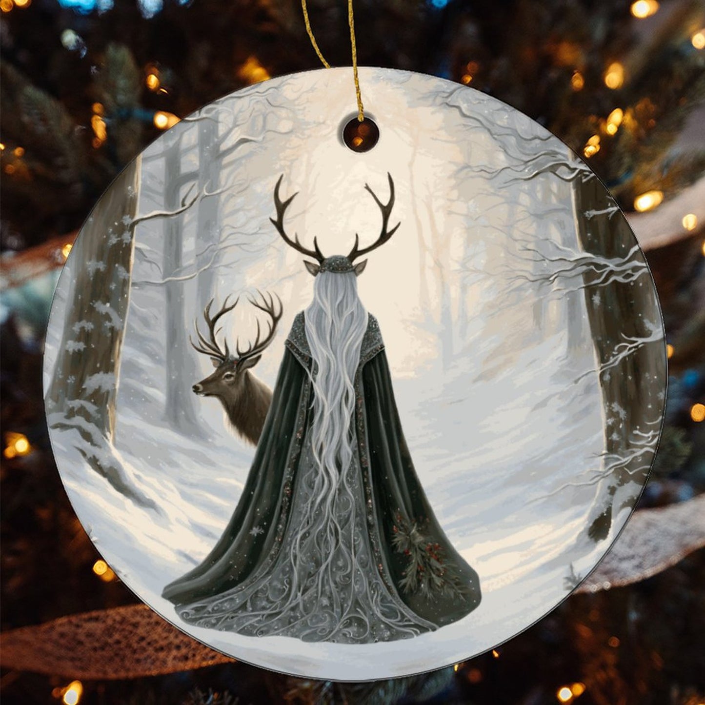 Winter Yule Witch Round Christmas Ceramic Ornament