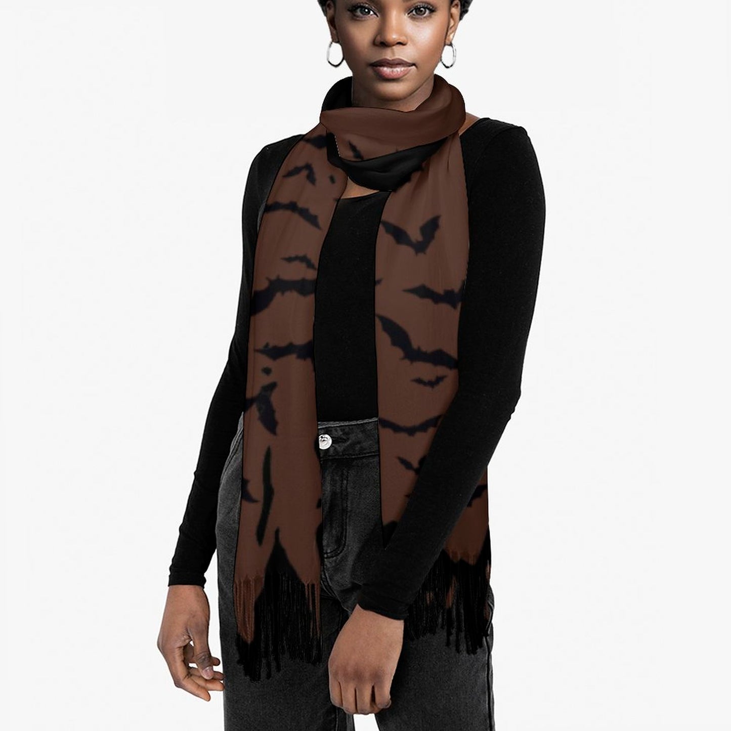 Cloud of Bats in Chocolate Cashmere-like Tassel Scarf (All-Over Printing)