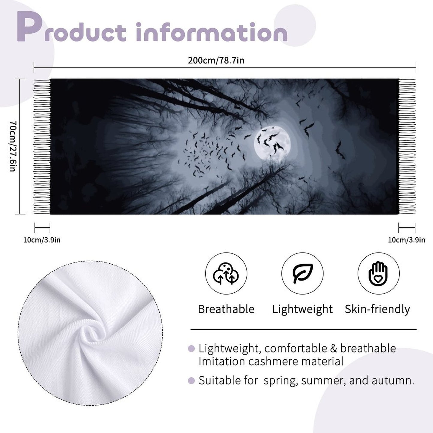 Full Moon Cloud of Bats Cashmere-like Tassel Scarf (All-Over Printing)