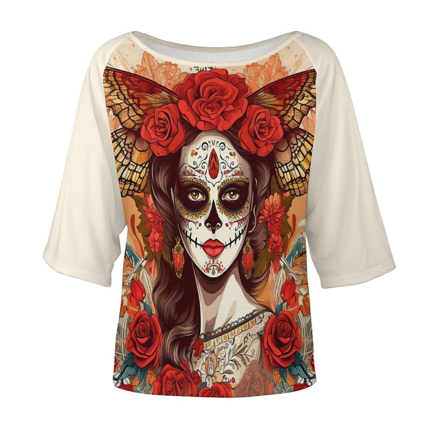 Day of the Dead 180gsm Women’s Off the Shoulder Half-Sleeve T-shirt BAT (All-Over Printing)