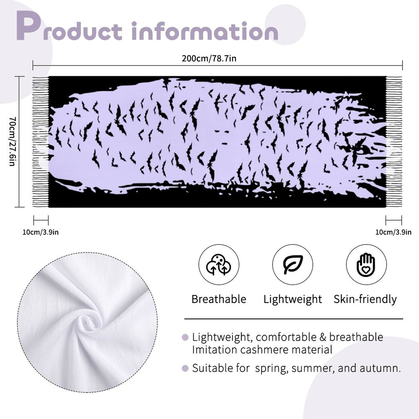 Cloud of Bats in Lavender Cashmere-like Tassel Scarf (All-Over Printing)