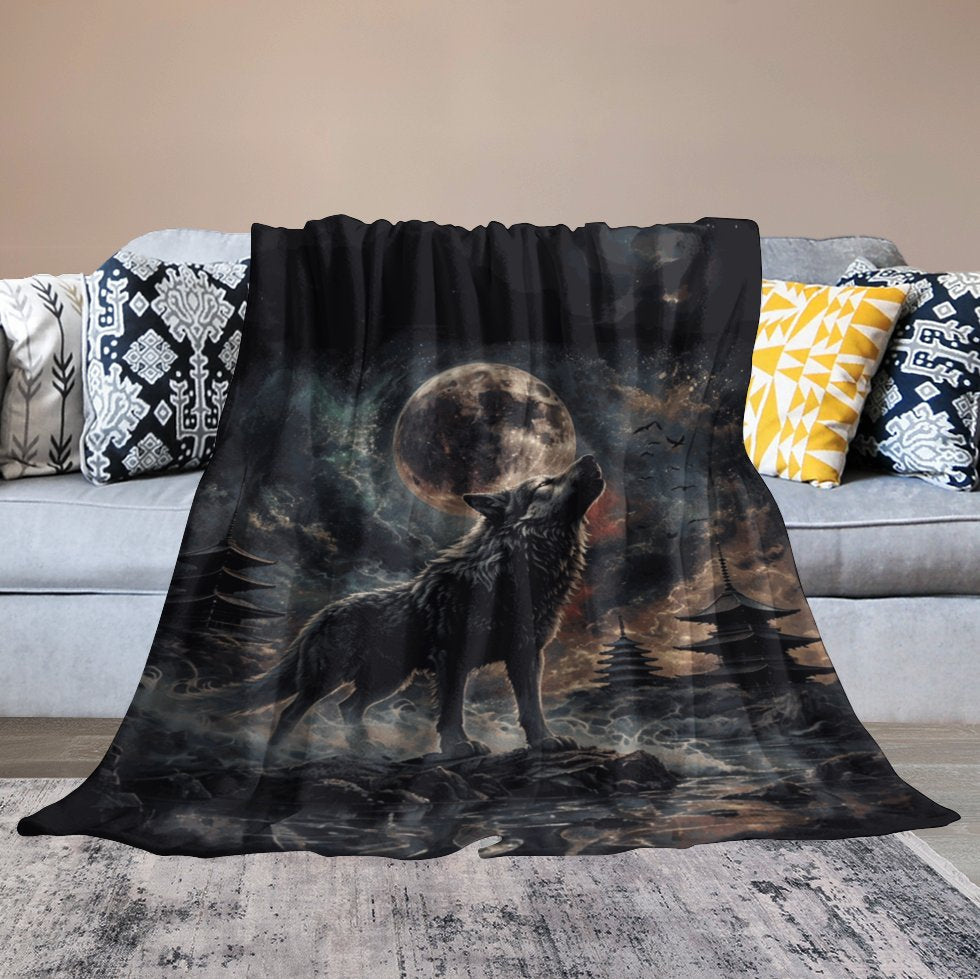 Viking Howling Wolf 280gsm Flannel Blanket-60"x80" (Dual-sided Printing)