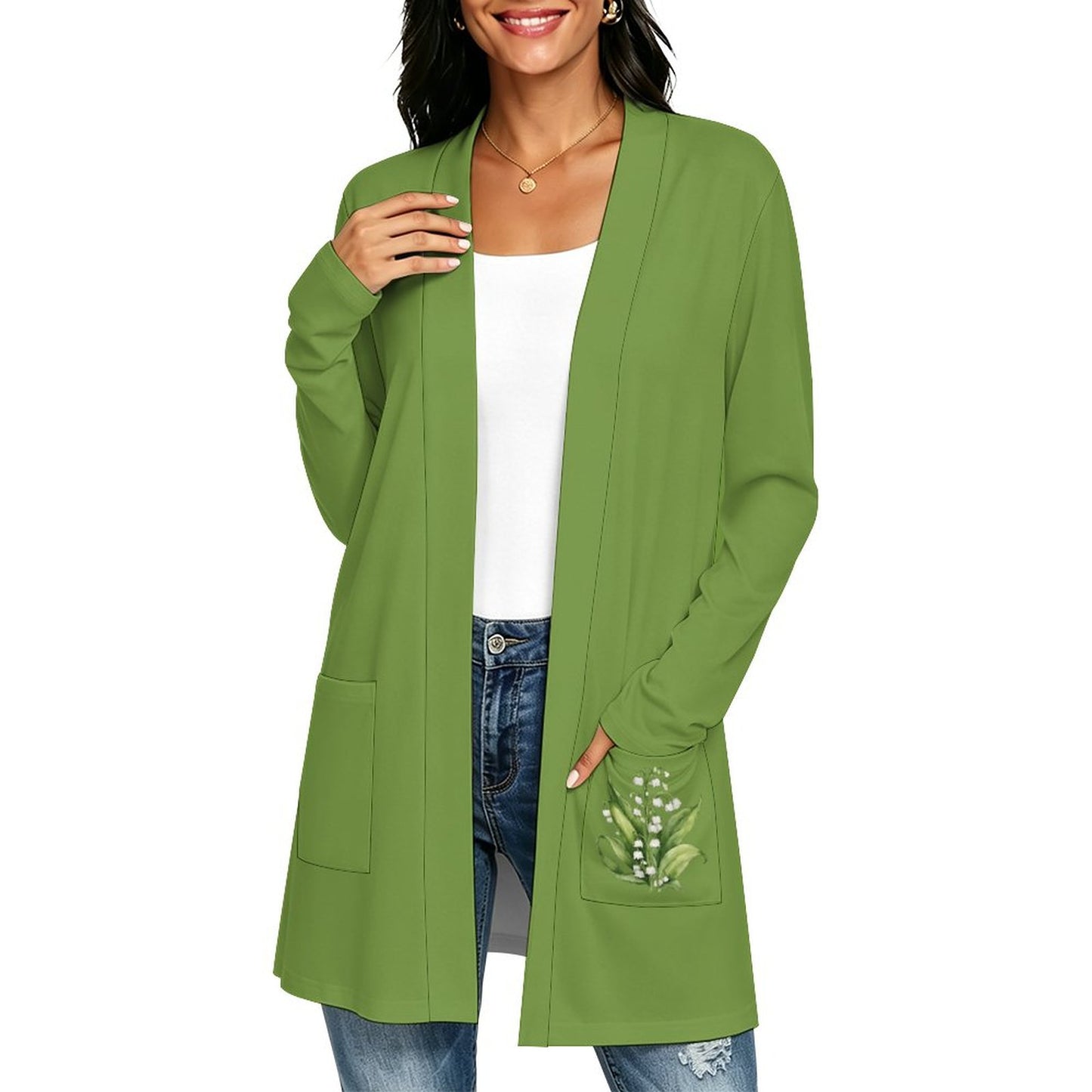 Lily of the Valley Green 180gsm Women's Long Sleeve Cardigan With Pockets(All-Over Printing)