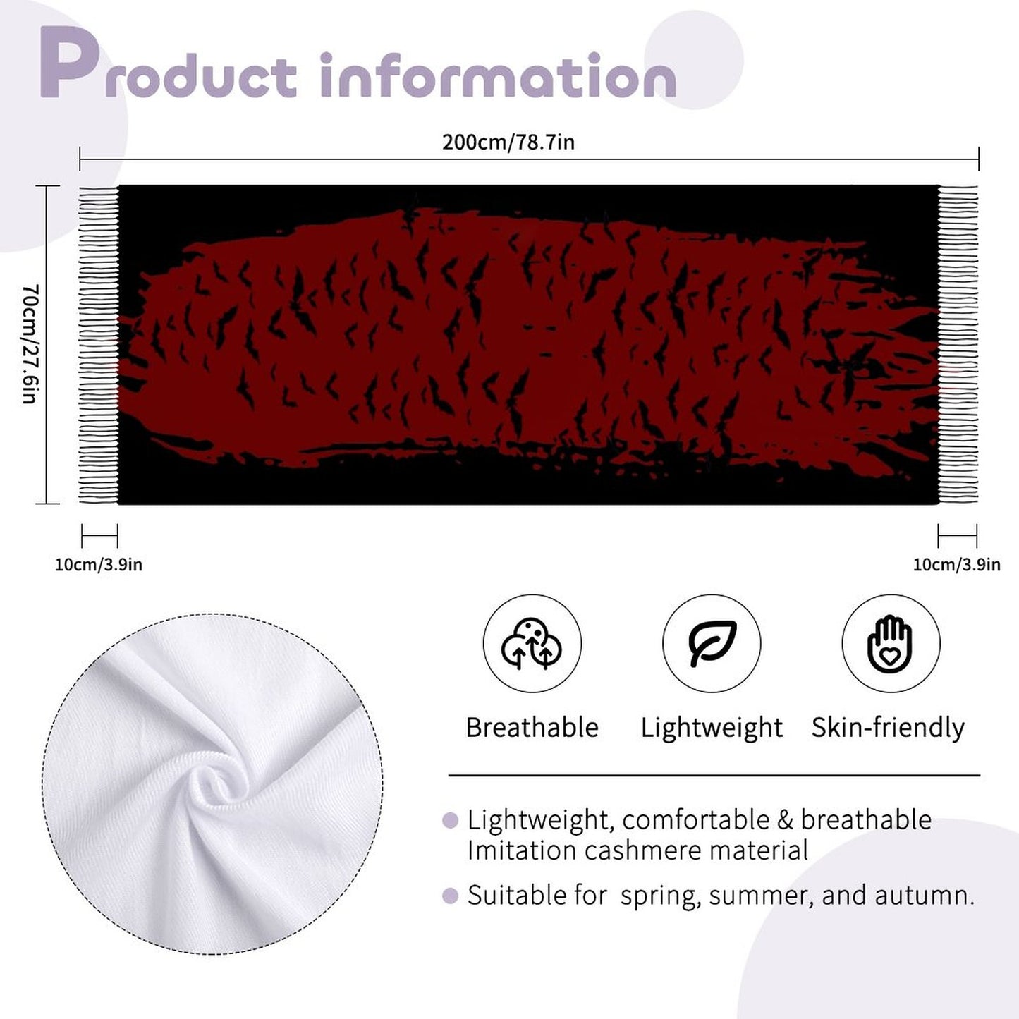 Cloud of Bats Oxblood Cashmere-like Tassel Scarf (All-Over Printing)