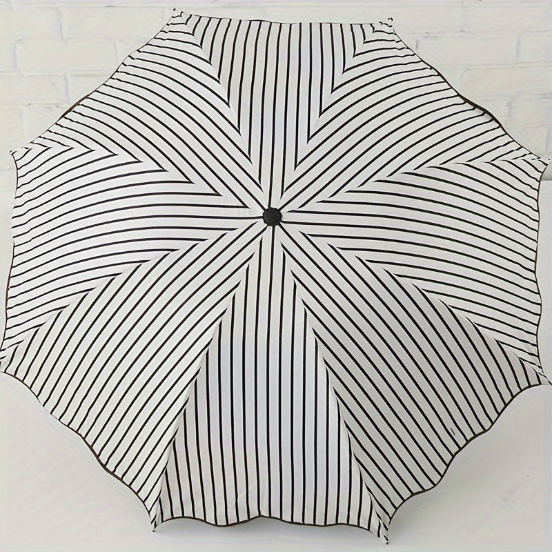 Modern Style Water-Resistant Multipurpose Umbrella with Iron Shaft - White Striped Lace Trim for Rainy and Sunny Days - Rectangle Shape with Base Included