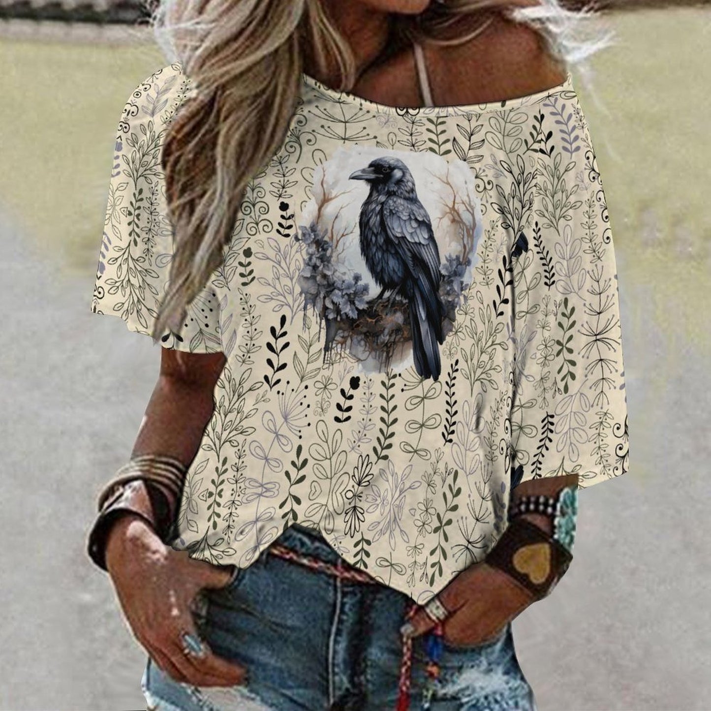 Loose-Fit 3/4 Sleeve Boat Neck T-Shirt(All-Over Printing)
