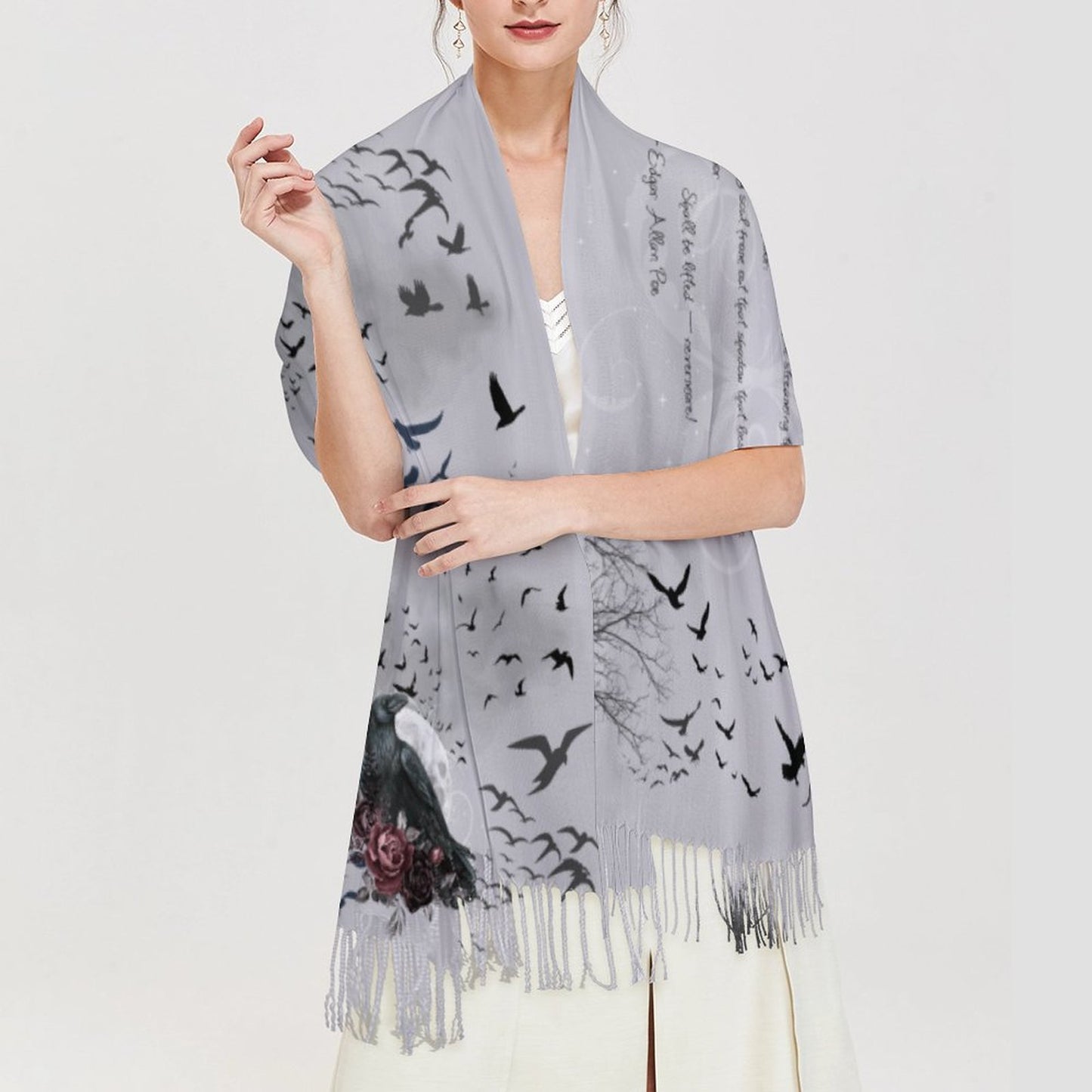 The Raven Poem Cashmere-like Tassel Scarf (All-Over Printing)