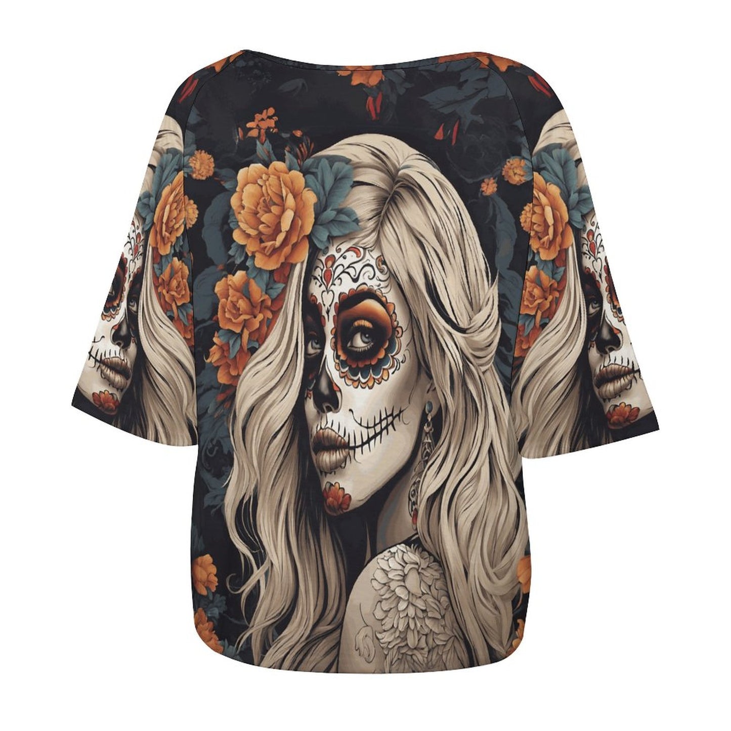 Day of the Dead Blond 180gsm Women’s Off the Shoulder Half-Sleeve T-shirt BAT (All-Over Printing)