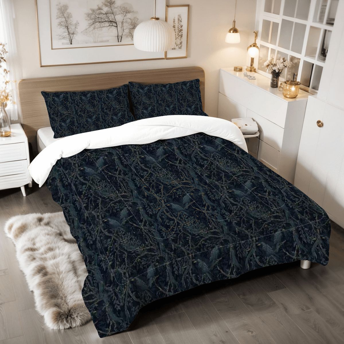 Dark Academia Bedroom Decor - William Morris Inspired Crow Duvet and Comforter Sets